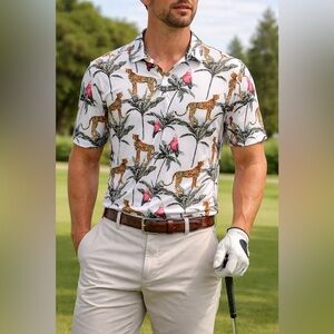 Bad Birdie Hawaiian Leopard & Parrot Golf Polo - Size Large